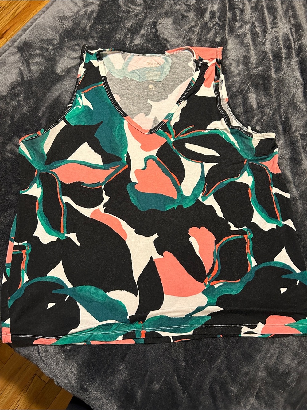 Nine West Abstract Floral V-Neck Tank Top - Black, Coral & Teal XL